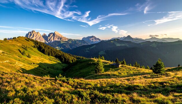 A majestic mountain vista captured during the golden hour. Lush green hills and peaks are bathed in warm sunlight under a blue sky with fluffy clouds - Powered by Adobe