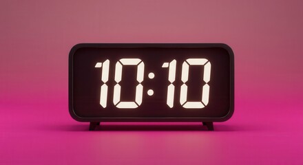 Digital alarm clock prominently displays the time ten ten against a vibrant gradient background
