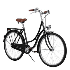 Vintage Bicycle: A classic black bicycle with a brown leather seat, reflecting timeless style, perfect for leisurely rides and embracing a touch of nostalgia.
