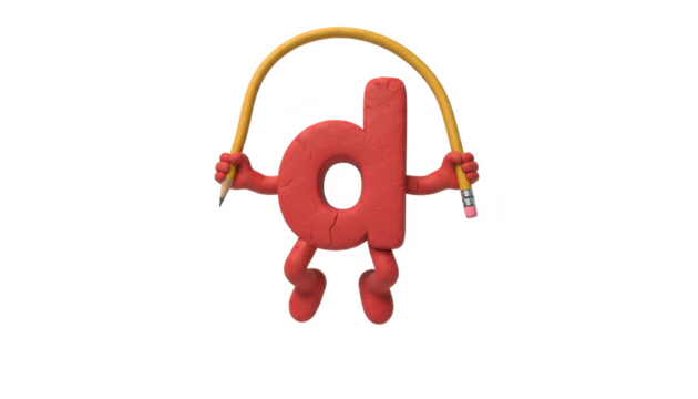 Playful Clay Letter D Skipping With Pencils on White