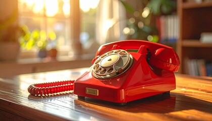 red phone on a wooden table