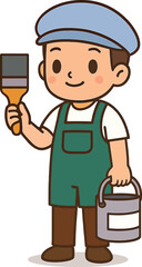 Cartoon Painter Holding Brush and Paint Can