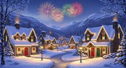 Fototapeta premium Magical Winter Night in a Snowy Christmas Village with Dazzling Fireworks Display