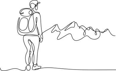 Continuous Line Art Illustration of Person Standing with Backpack and Mountain