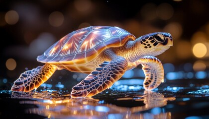 Luminous sea turtle with radiant glowing shell on black background.