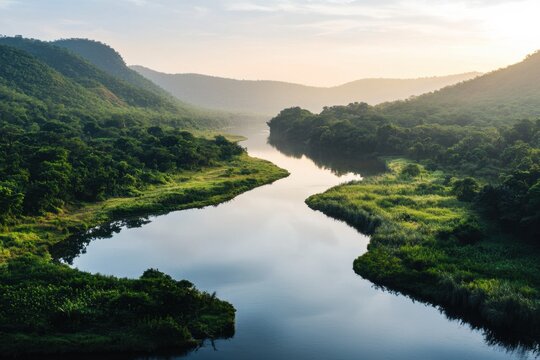 Serene river flowing through lush green valley at dawn scenic nature landscape tranquil environment aerial view peaceful concept for relaxation