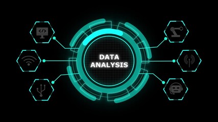 Futuristic data analysis interface with glowing teal circular HUD elements and grid icon. Data analysis drives modern digital intelligence. Data technology strengthens business insights. - Powered by Adobe