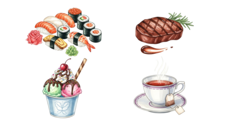 A delicious assortment of food and drinks including sushi ice cream steak and tea.