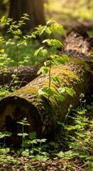 A young plant with fresh green leaves growing on a fallen moss-covered log in a lush forest setting during daytime