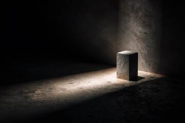 Stone Block Illuminated in Dramatic Light, Dark Background.