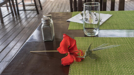 Obraz premium A bright red hibiscus flower and a bird woven from palm leaves lie on a table in a restaurant. There are napkins, a glass, cutlery, and spices on the countertop. Cuba