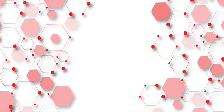 Abstract white background with red hexagons seamless pattern and geometric in vector design. Futuristic blue neon honeycombs. .Science network pattern, connecting lines and dots Medical background,