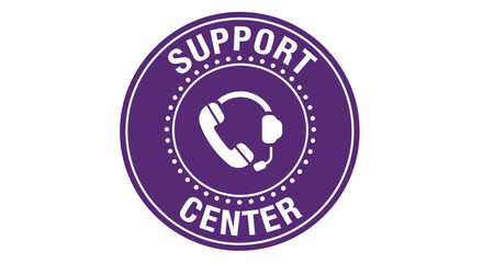 A purple circular badge with 'SUPPORT CENTER' text and a white headset icon in the middle, symbolizing customer service and assistance.