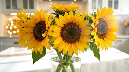Vibrant sunflower bouquet arranged in a clear glass vase on a marble kitchen island, set against a softly blurred background creating a warm, cheerful, and elegant home atmosphere. - Powered by Adobe
