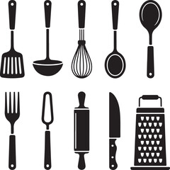 Black and White Silhouette Vector Set of 9 Cooking Utensil Objects Spatula Ladle Whisk Spoon Fork Tongs Rolling Pin Knife Grater