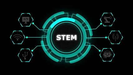 STEM science drives future technology growth. STEM innovation strengthens modern learning. Futuristic hud interface with stem text glowing neon cyan on icon black background science. - Powered by Adobe