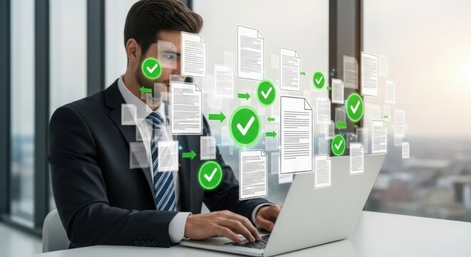 Businessman managing digital documents, seamless workflow, efficient data processing - Powered by Adobe