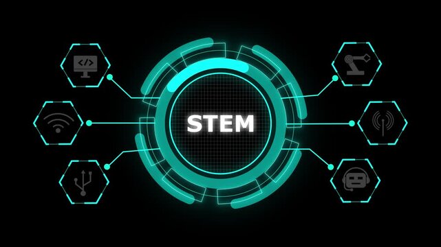 STEM science drives future technology growth. STEM innovation strengthens modern learning. Futuristic hud interface with stem text glowing neon cyan on icon black background science.