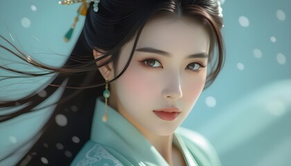 Close-up portrait of woman in traditional teal Chinese dress with flowing black hair