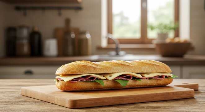 Long sandwich filled with cured meat and cheese rests on a wooden cutting board in a bright kitchen setting