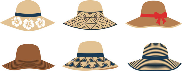 Wide brim summer hats, stylish beach accessories, elegant headwear collection, fashion flat vector, trendy hat design, isolated illustration, cad drawing