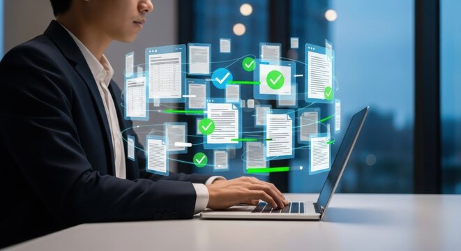 Businessman managing digital documents and data flow on laptop in modern office - Powered by Adobe