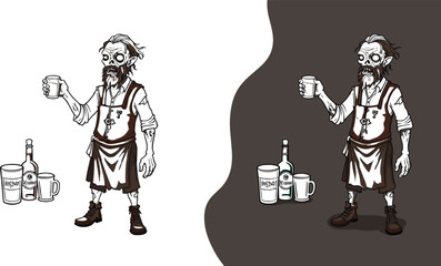 Zombie bartender, cartoon character, beer mug, bar scene, funny monster, dual background, black vector, flat design, cad drawing, illustration