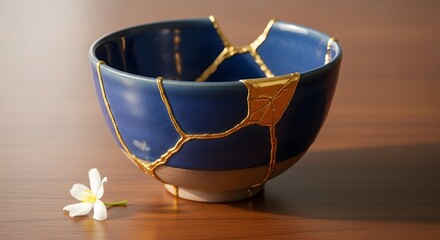 A beautifully crafted ceramic bowl with a blue and gold crackle glaze design placed on a wooden surface, accompanied by a small white flower for decoration