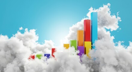Brightly colored bar graph rises dramatically through white fluffy clouds beneath a clear blue sky