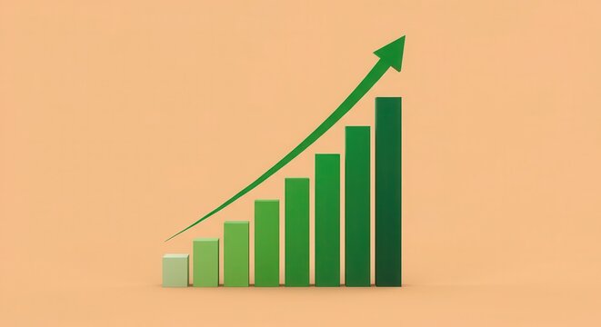 Three dimensional bar graph illustrates continuous upward trend with superimposed growth arrow