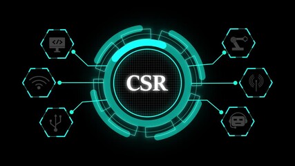 CSR drives corporate social responsibility. CSR strategy supports sustainable business innovation. Futuristic csr interface glowing cyan abstract technology background and circular icon. - Powered by Adobe