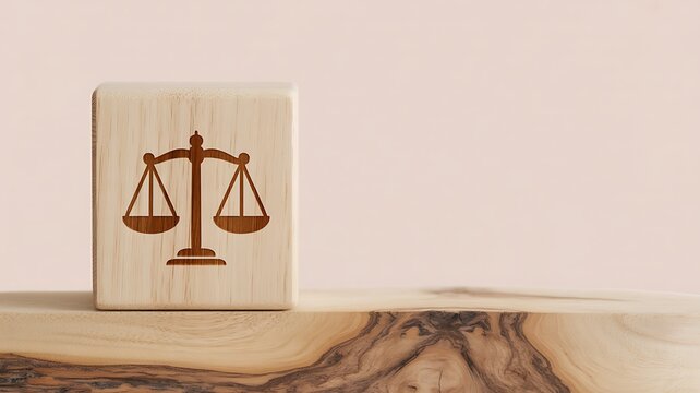Wooden block with scales of justice symbol representing law and legal concepts