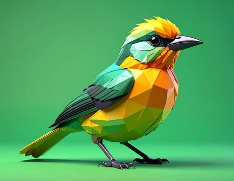 A vibrant, geometric bird with diverse colors, featuring angular facets, standing on a green background. It has a detailed, textured, and colorful appearance