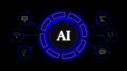 AI drives modern digital innovation. Artificial intelligence powers smart global automation. Futuristic ai interface glowing blue neon circle with grid background abstract technology icon. - Powered by Adobe