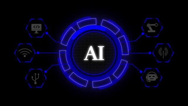 AI drives modern digital innovation. Artificial intelligence powers smart global automation. Futuristic ai interface glowing blue neon circle with grid background abstract technology icon.