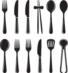 Black and White Silhouette Vector Set of 9 Cutlery Objects Fork Knife Spoon Chopsticks Teaspoon Dessert Fork Steak Knife Ladle Tongs