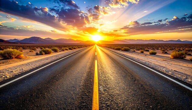 A straight, black asphalt road leads directly into a bright, golden sunset over a vast desert landscape. Mountains are in the distance