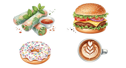 Delicious assortment of popular food and drinks watercolor illustration.