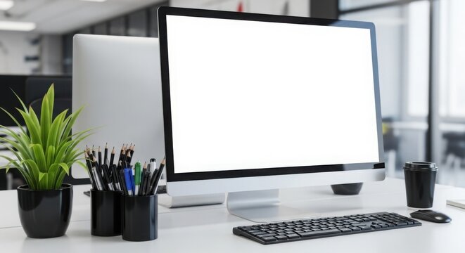 Modern office workspace with computer monitor featuring blank screen for copy space - Powered by Adobe
