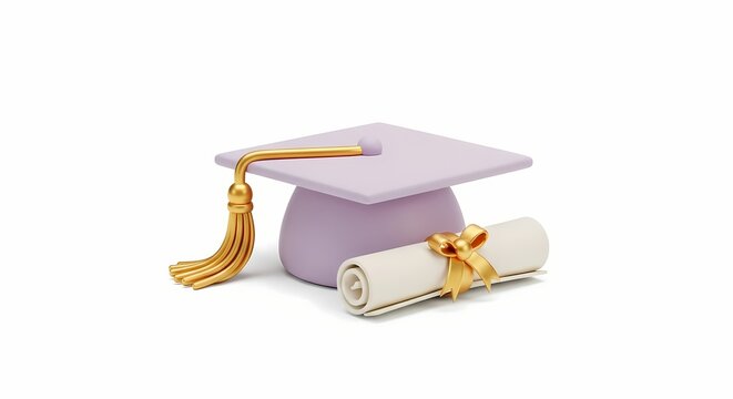 Symbolic purple graduation hat and diploma scroll with a gold ribbon, an icon representing educational accomplishment and commencement ceremony