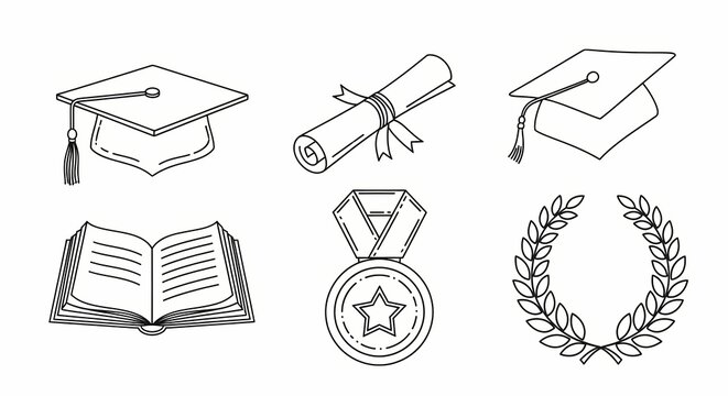 A collection of hand-drawn academic achievement icons featuring a graduation cap, diploma, book, medal, and laurel wreath for educational design concepts