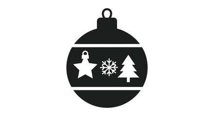 Simple black silhouette of a christmas ornament with star snowflake and tree icons
