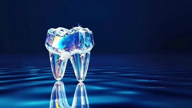 Rotating holographic crystal tooth under neon lights with reflective surfaces