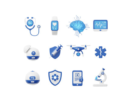 3D Medical and Healthcare Technology Icons Set – Medical Devices, AI Health, Diagnostics Symbols on transparent background - Powered by Adobe