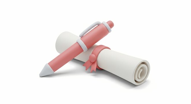Pink pen resting on a white scroll certificate, a 3D icon representing education, law, contracts, and official documents