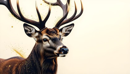 Elegant deer portrait on cream background with shimmering golden accents