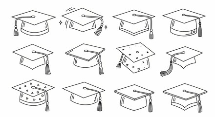 A collection of hand-drawn graduation cap icons in a doodle style. Mortarboard hat illustrations for academic ceremony and achievement concepts