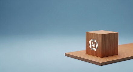 Conceptual image of a wooden block with an AI chip icon, representing the building blocks of artificial intelligence technology