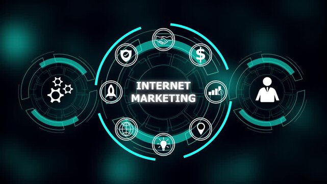 Internet marketing abstract concept with glowing icons for business growth strategy and digital. Internet marketing drives modern digital promotion. Technology strengthens global business growth. - Powered by Adobe