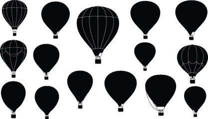 Collection of simple hot air balloon silhouettes set isolated on white background, minimalist travel adventure flight vector design illustration